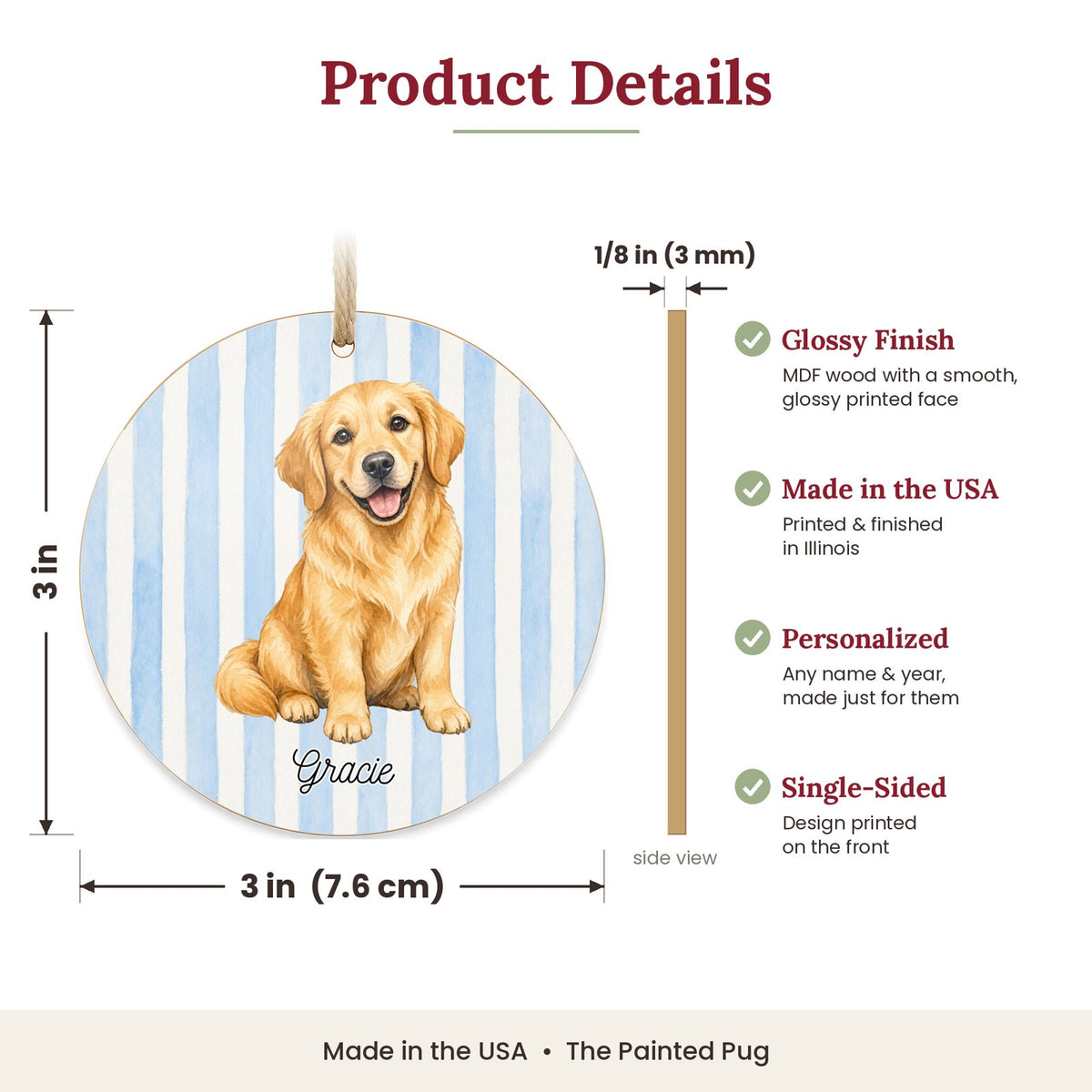 3 inch round MDF wood Golden Retriever ornament size and features