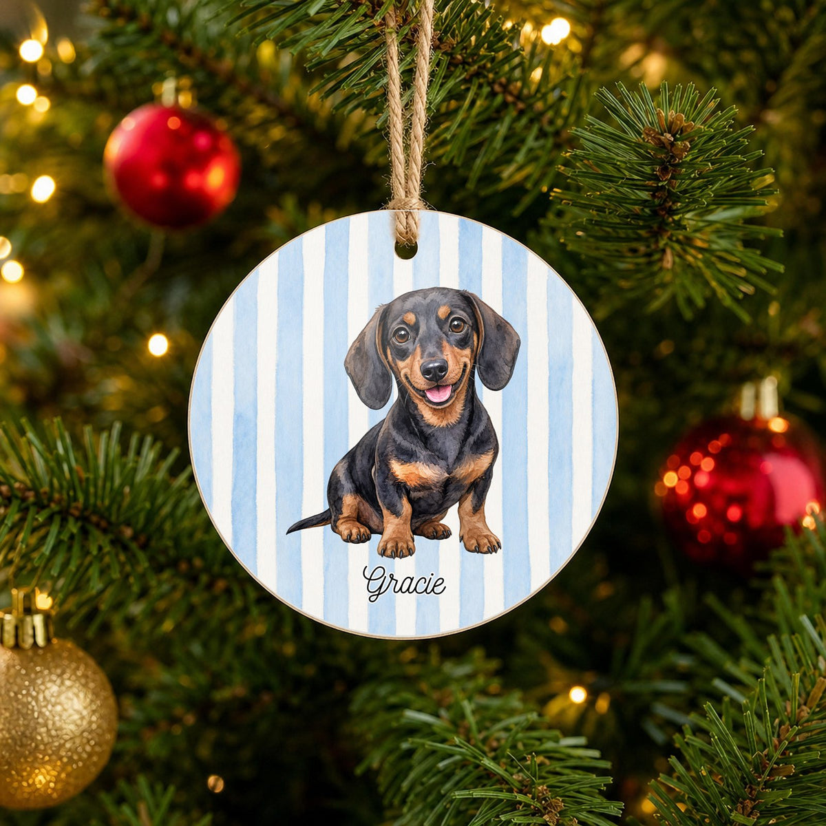 Personalized Dachshund Christmas ornament with custom name hanging on a Christmas tree