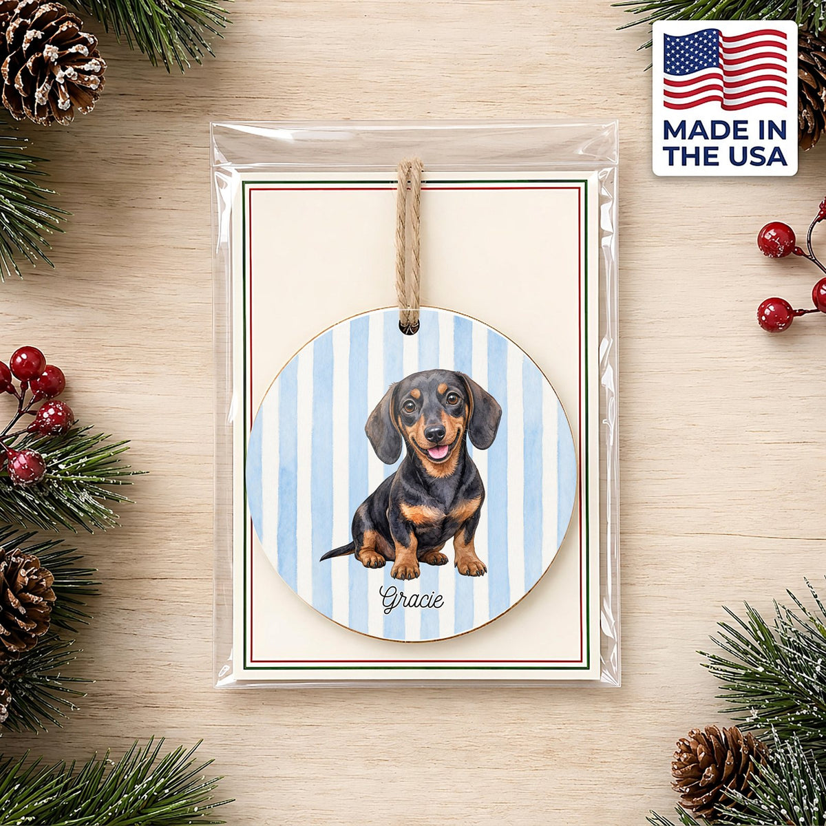 Personalized Dachshund ornament on a holiday backer card, made in the USA