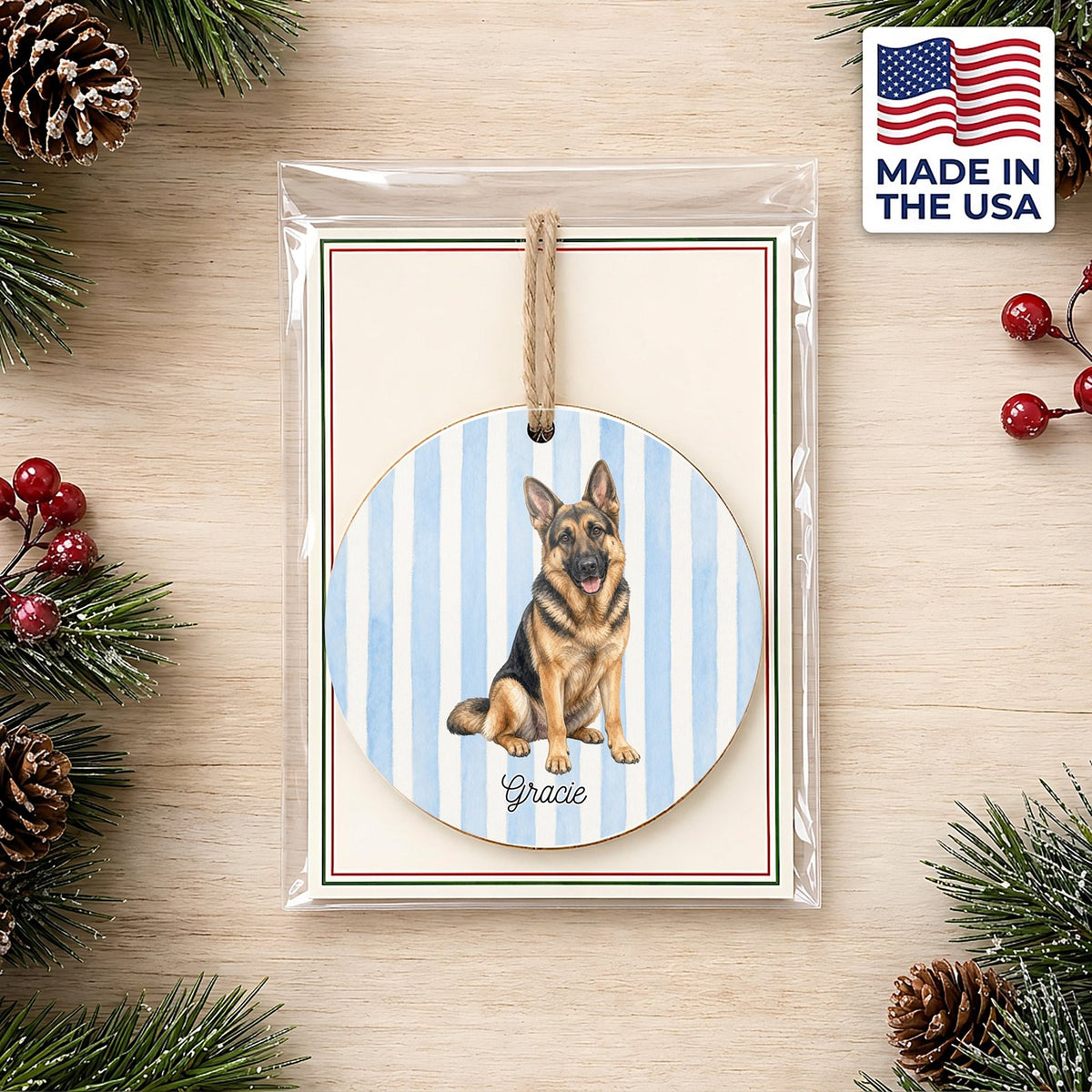 Personalized German Shepherd ornament on a holiday backer card, made in the USA