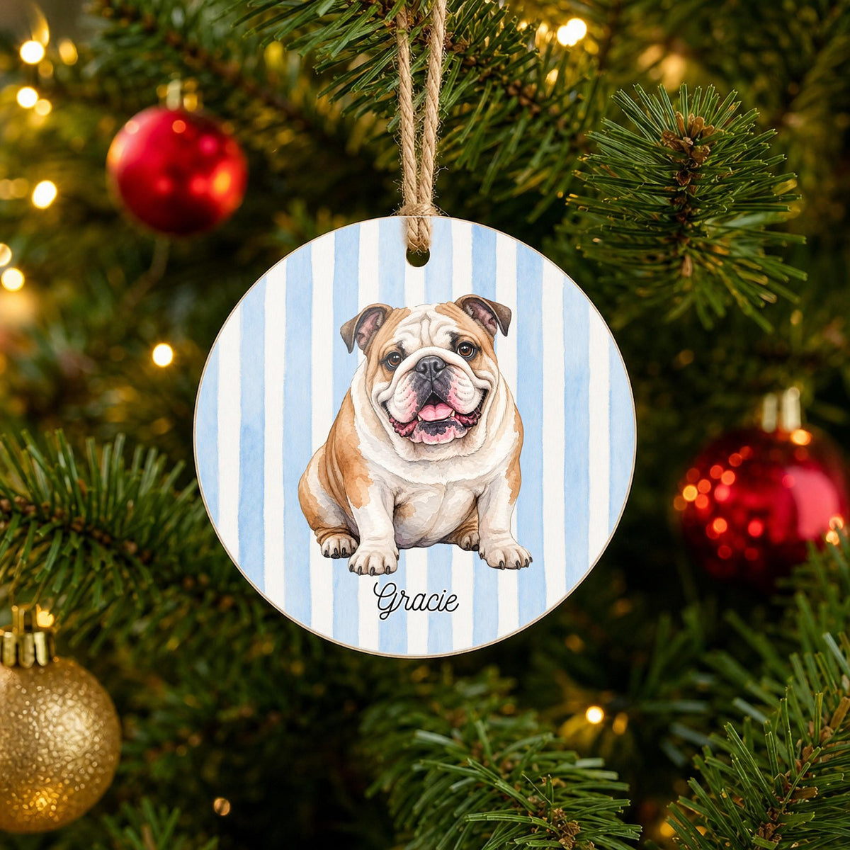 Personalized English Bulldog Christmas ornament with custom name hanging on a Christmas tree