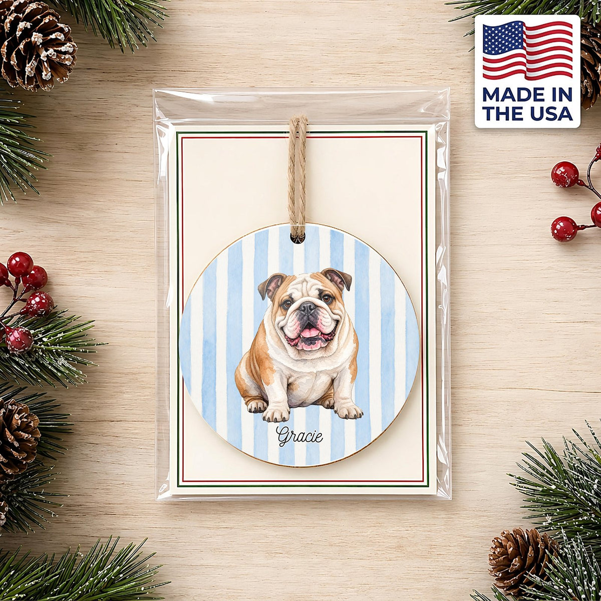 Personalized English Bulldog ornament on a holiday backer card, made in the USA