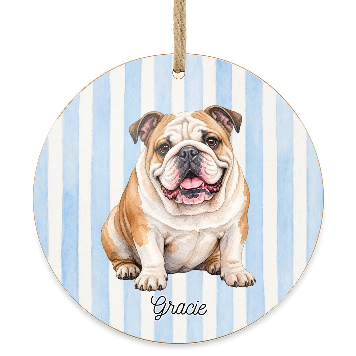 Personalized English Bulldog dog ornament on a white background
