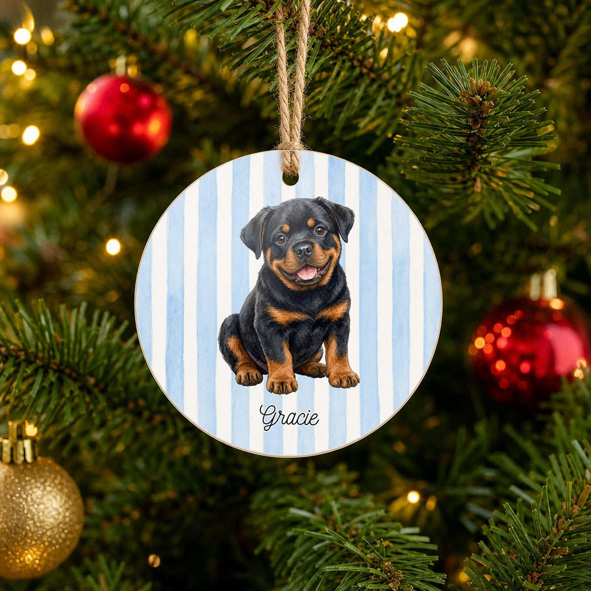 Personalized Rottweiler Christmas ornament with custom name hanging on a Christmas tree