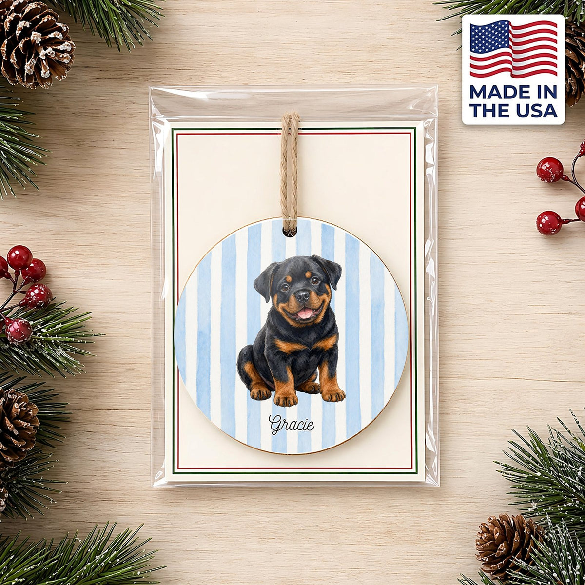 Personalized Rottweiler ornament on a holiday backer card, made in the USA