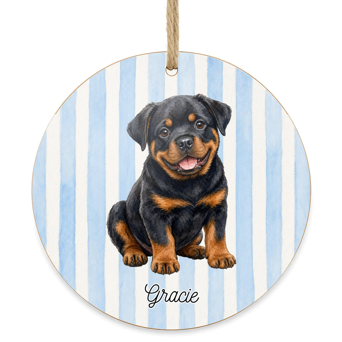 Personalized Rottweiler dog ornament on a white background