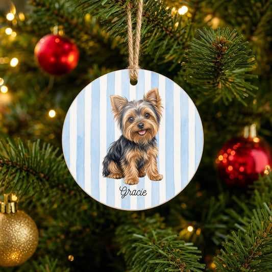 Personalized Yorkie Christmas ornament with custom name hanging on a Christmas tree