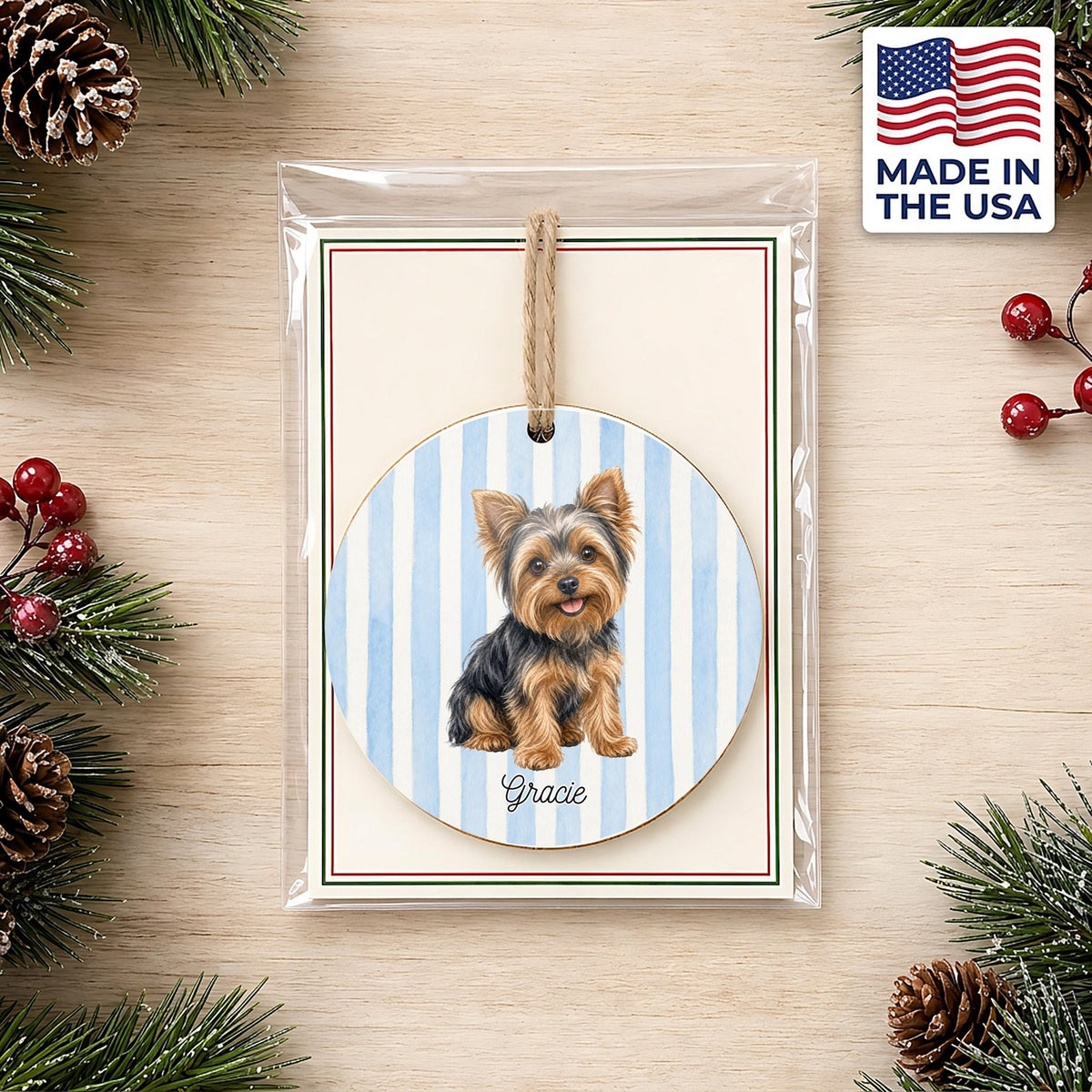 Personalized Yorkie ornament on a holiday backer card, made in the USA