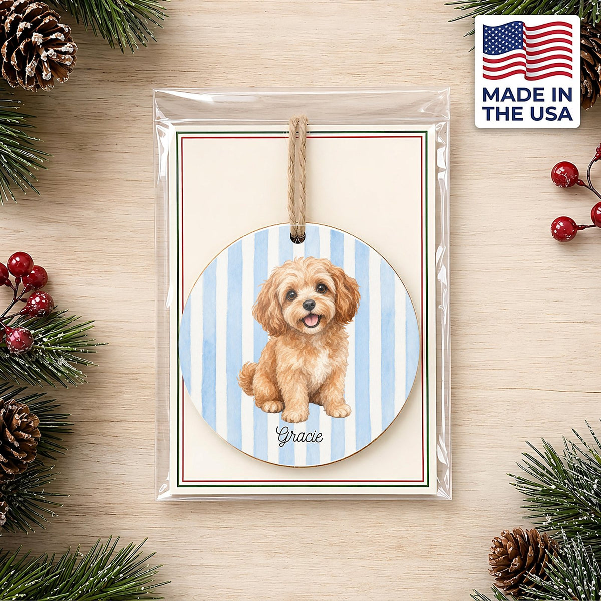 Personalized Cavapoo ornament on a holiday backer card, made in the USA
