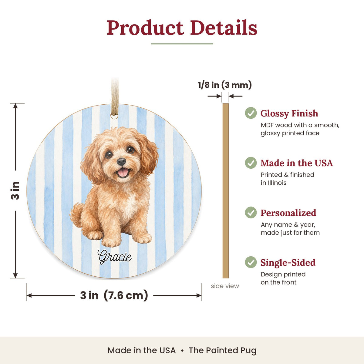 3 inch round MDF wood Cavapoo ornament size and features