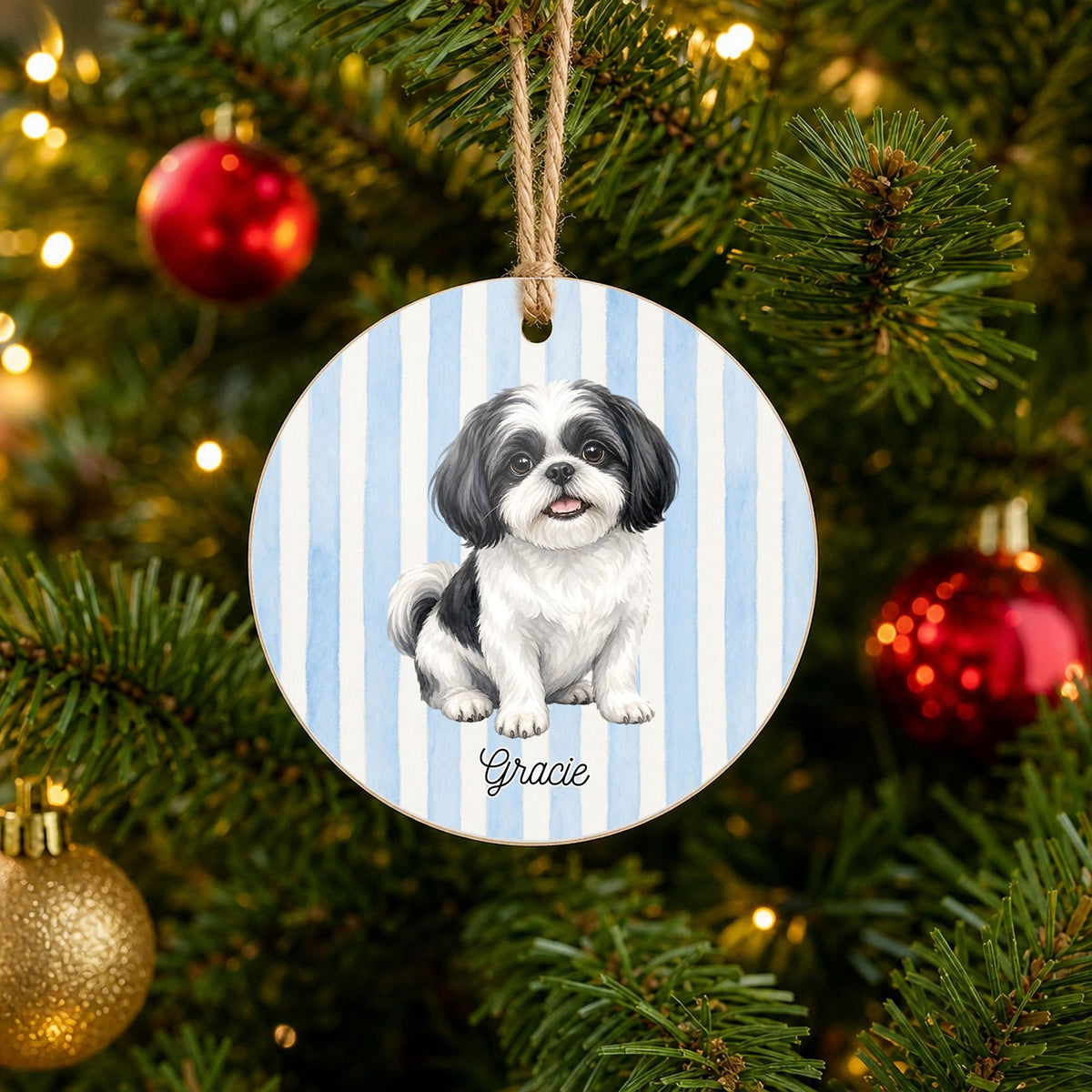 Personalized Black & White Shih Tzu Christmas ornament with custom name hanging on a Christmas tree