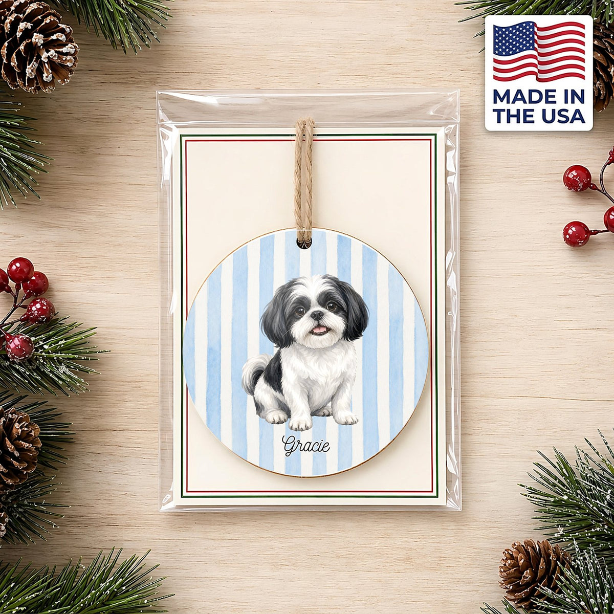 Personalized Black & White Shih Tzu ornament on a holiday backer card, made in the USA