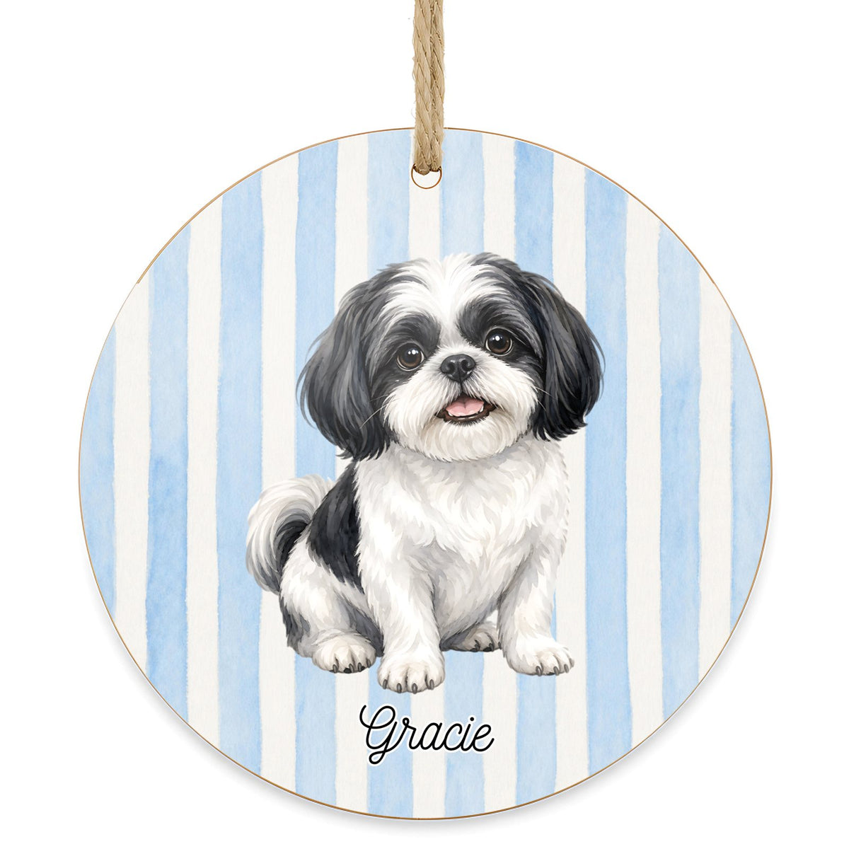 Personalized Black & White Shih Tzu dog ornament on a white background