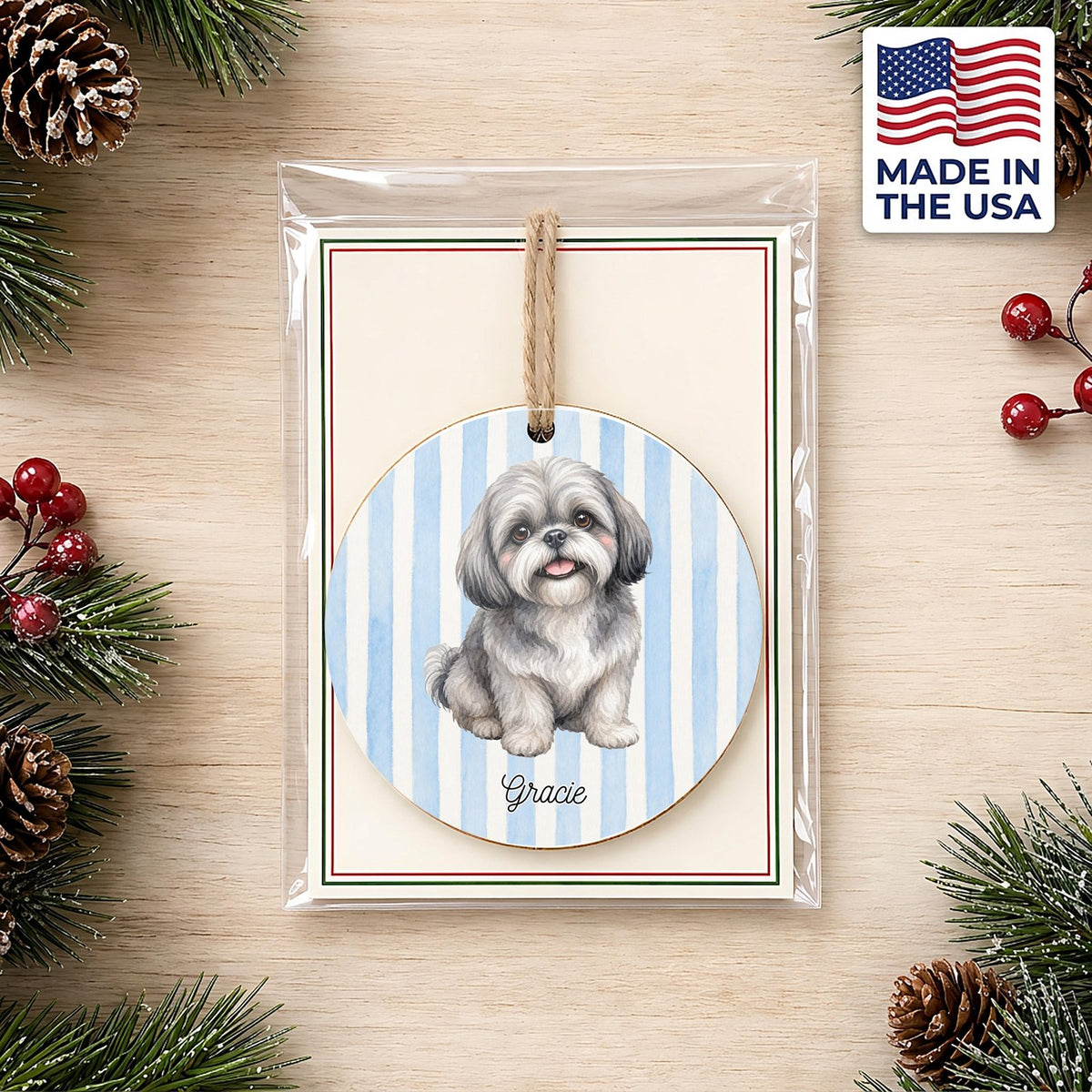 Personalized Gray Shih Tzu ornament on a holiday backer card, made in the USA