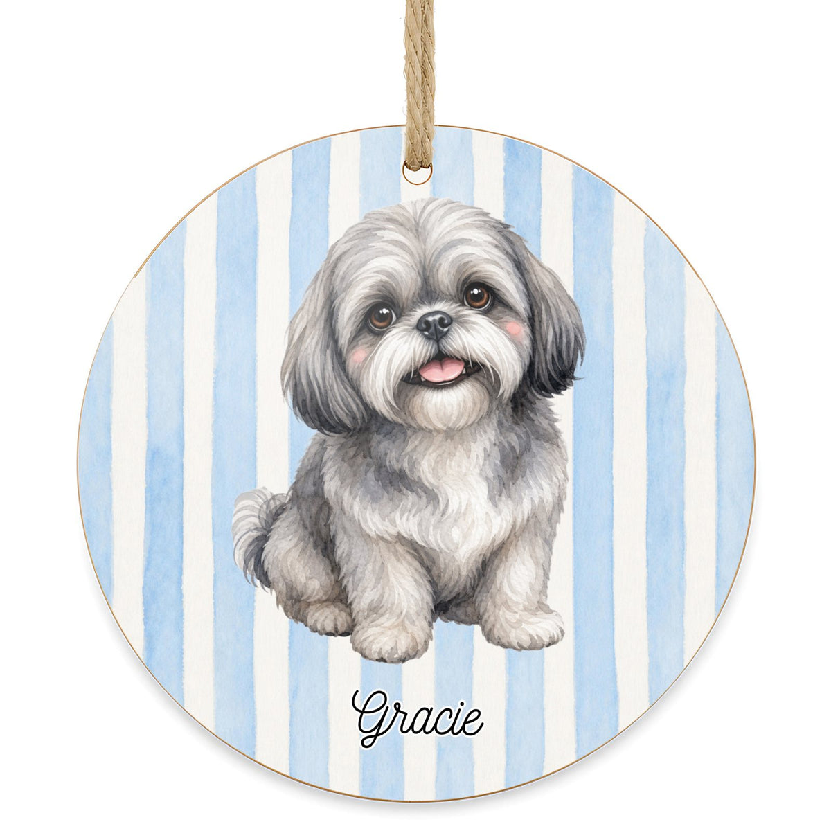 Personalized Gray Shih Tzu dog ornament on a white background