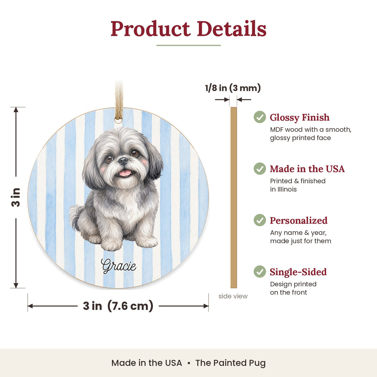 3 inch round MDF wood Gray Shih Tzu ornament size and features