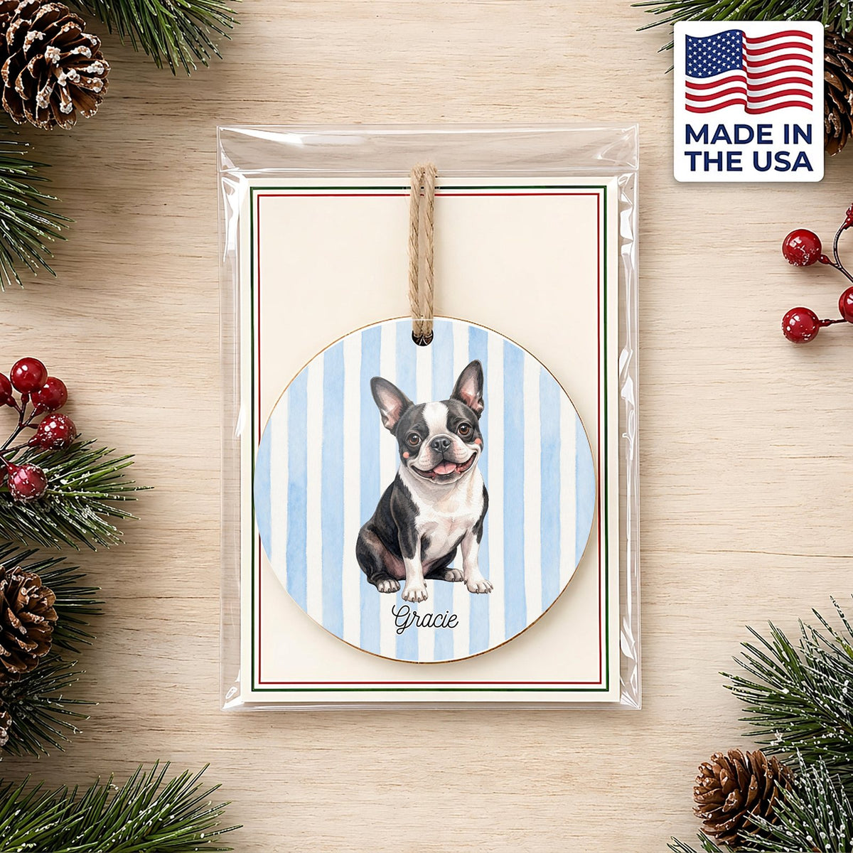 Personalized Boston Terrier ornament on a holiday backer card, made in the USA