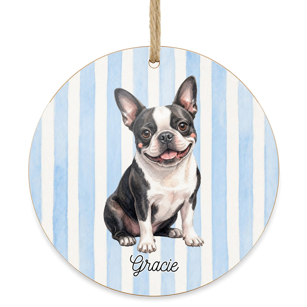 Personalized Boston Terrier dog ornament on a white background