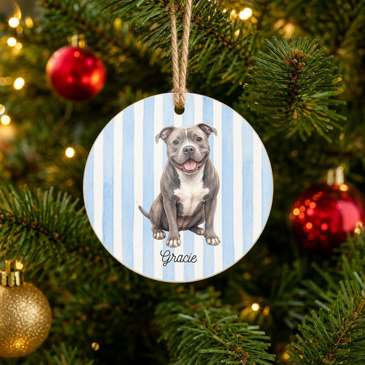 Personalized Pit Bull Christmas ornament with custom name hanging on a Christmas tree