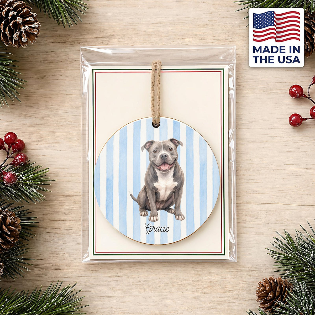 Personalized Pit Bull ornament on a holiday backer card, made in the USA
