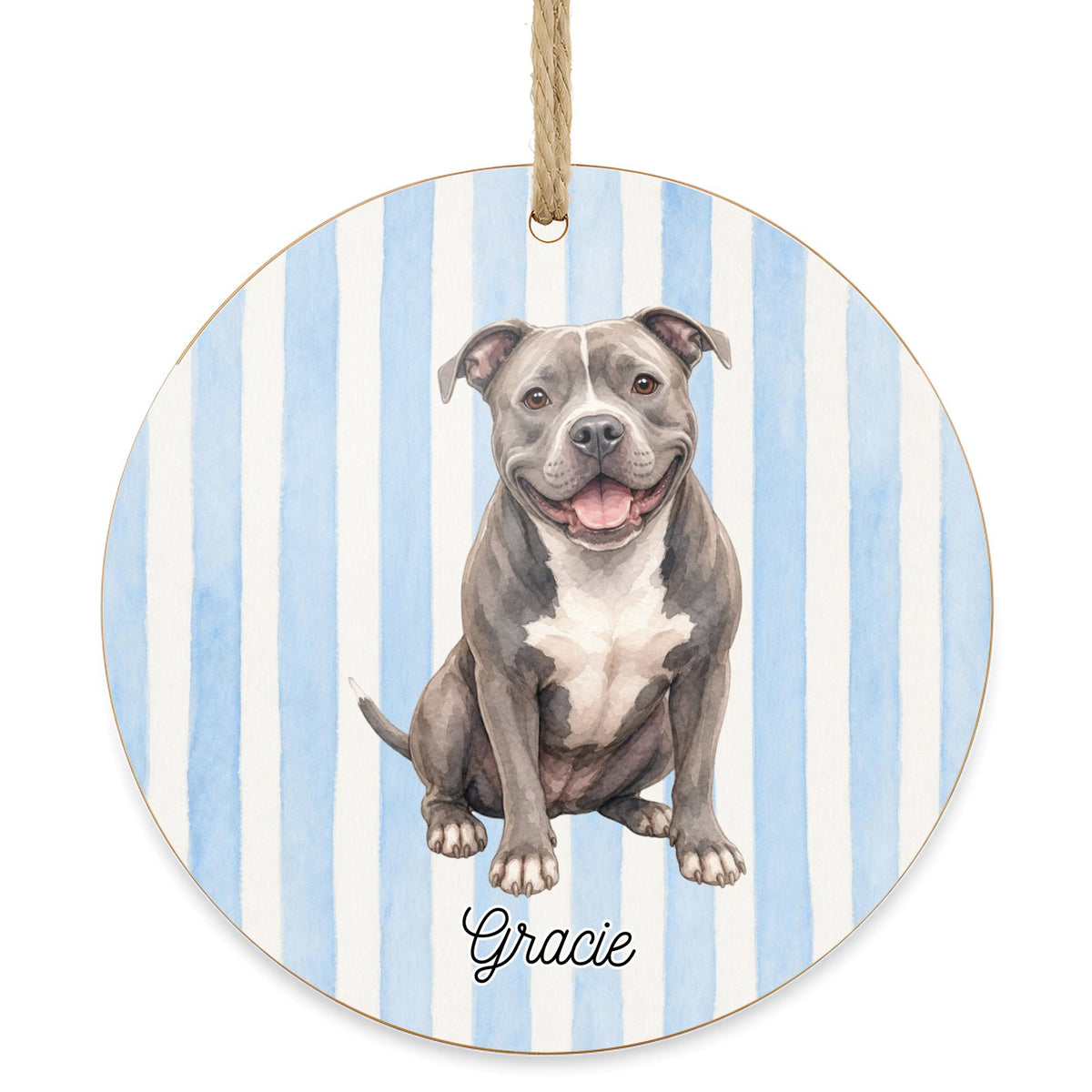 Personalized Pit Bull dog ornament on a white background