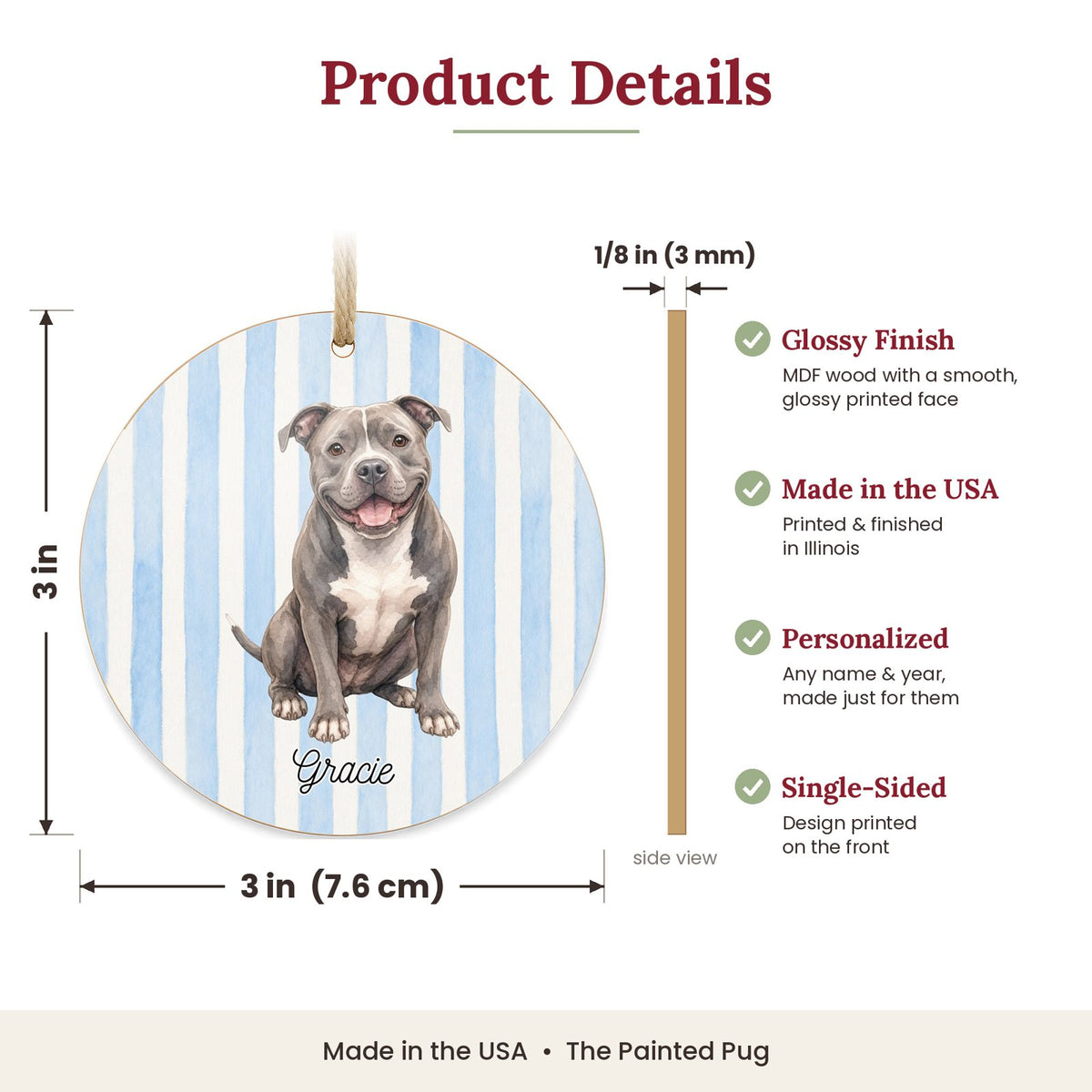 3 inch round MDF wood Pit Bull ornament size and features
