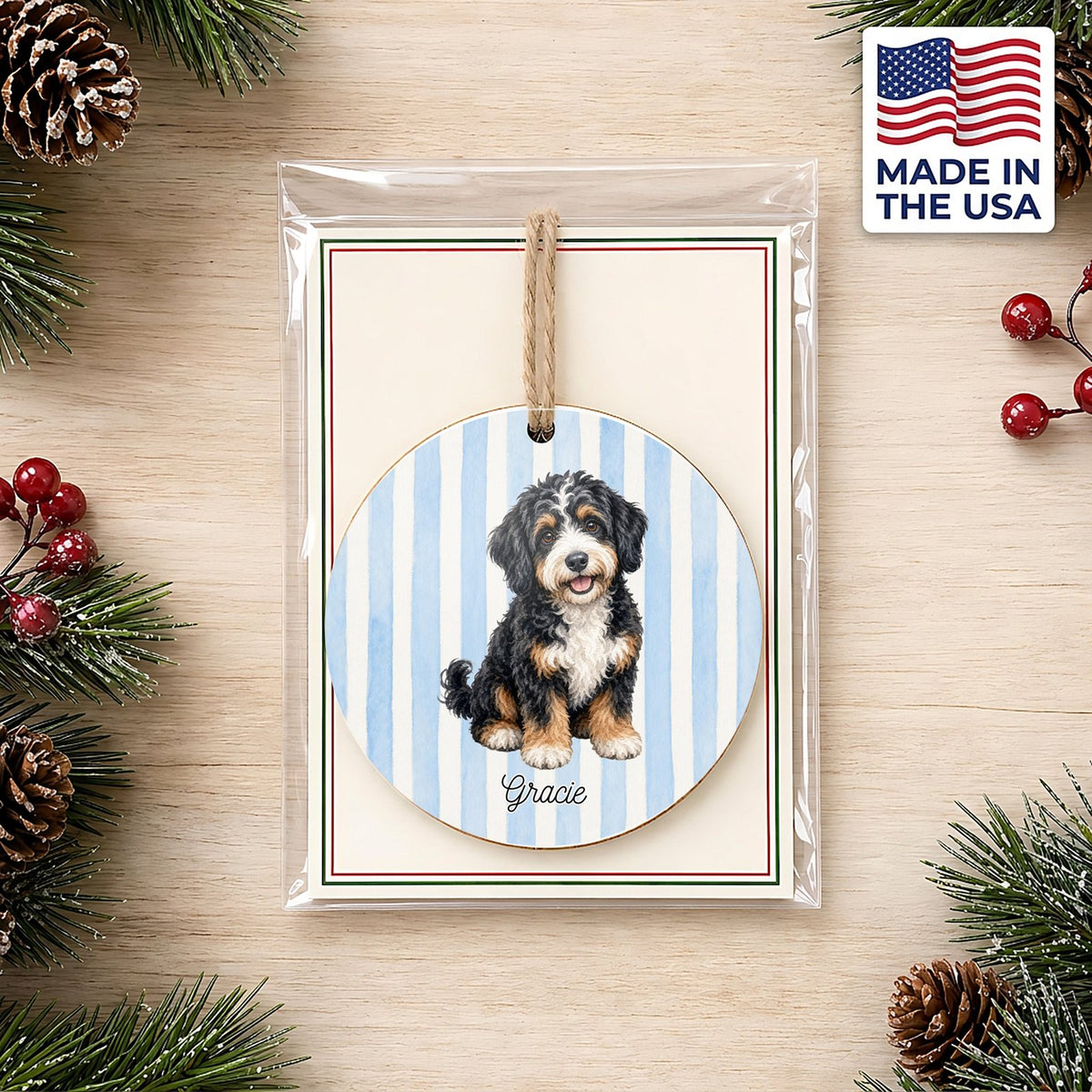 Personalized Bernedoodle ornament on a holiday backer card, made in the USA