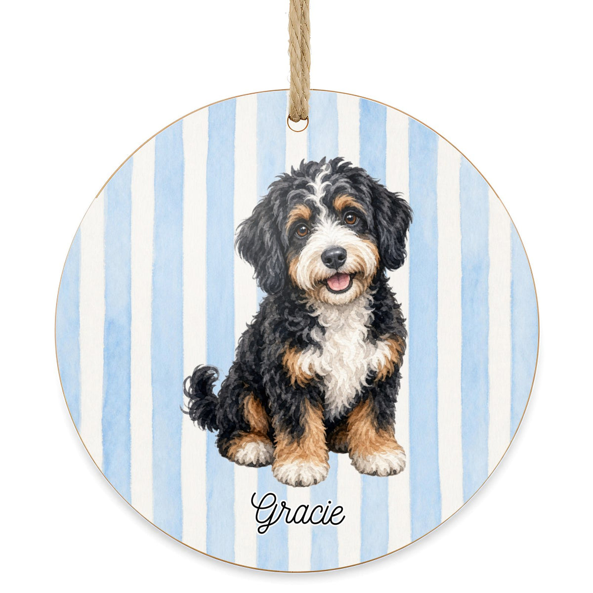 Personalized Bernedoodle dog ornament on a white background