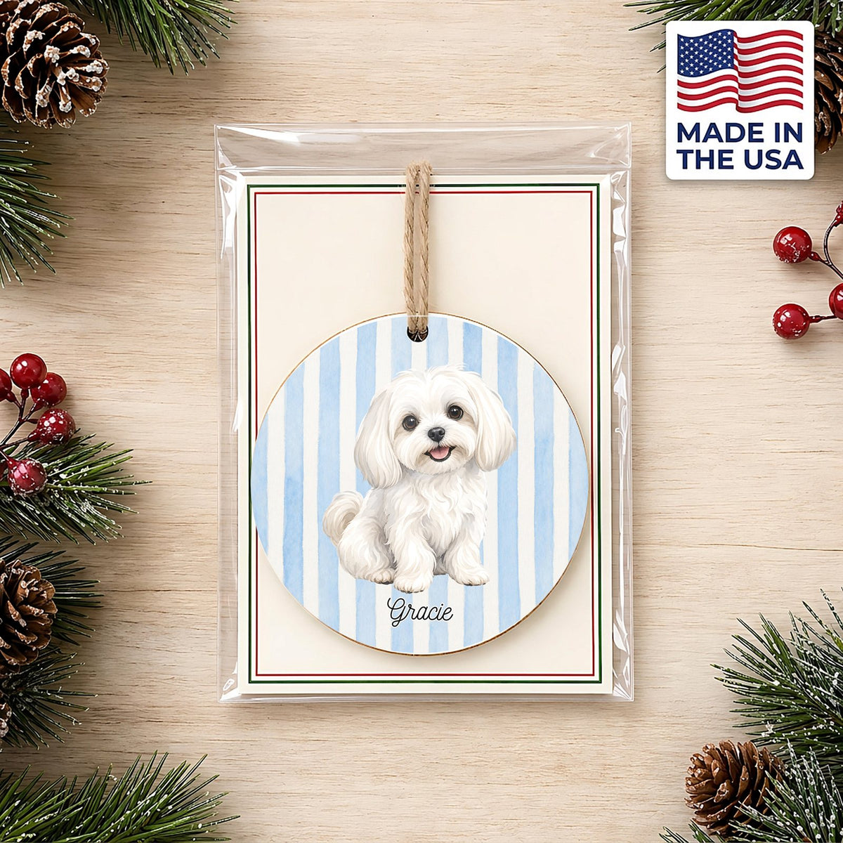 Personalized Maltese ornament on a holiday backer card, made in the USA