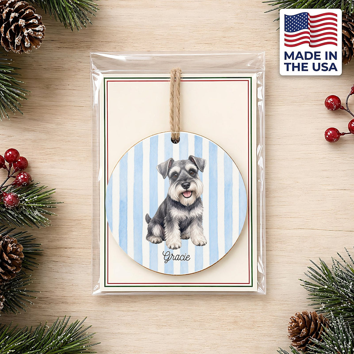 Personalized Schnauzer ornament on a holiday backer card, made in the USA