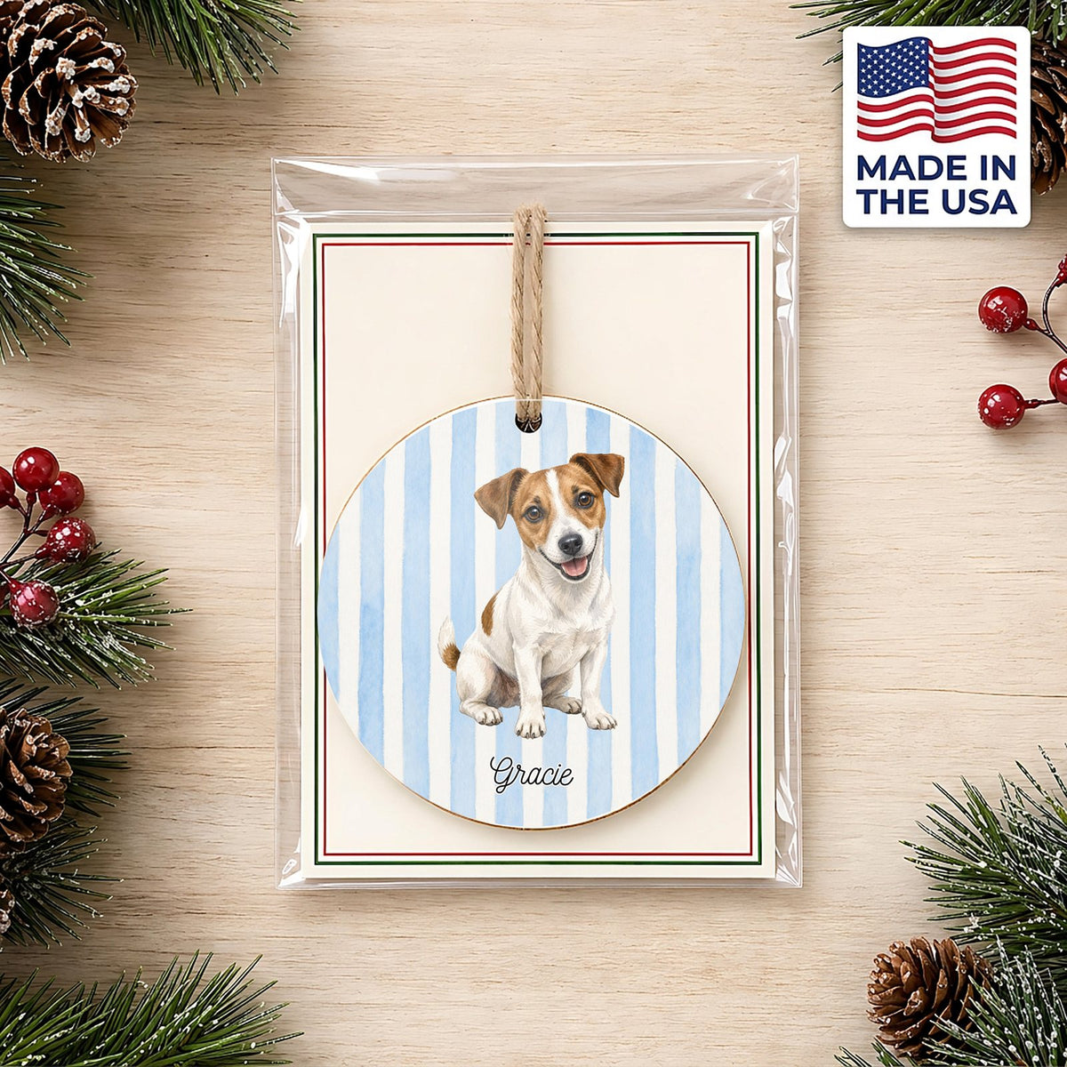 Personalized Jack Russell Terrier ornament on a holiday backer card, made in the USA