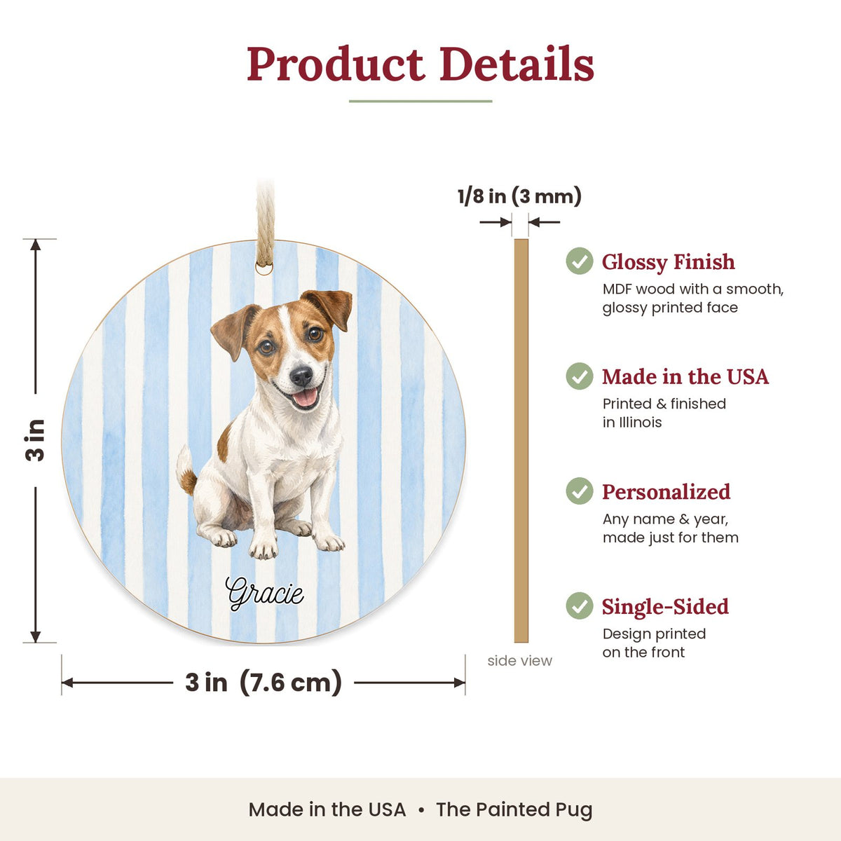 3 inch round MDF wood Jack Russell Terrier ornament size and features