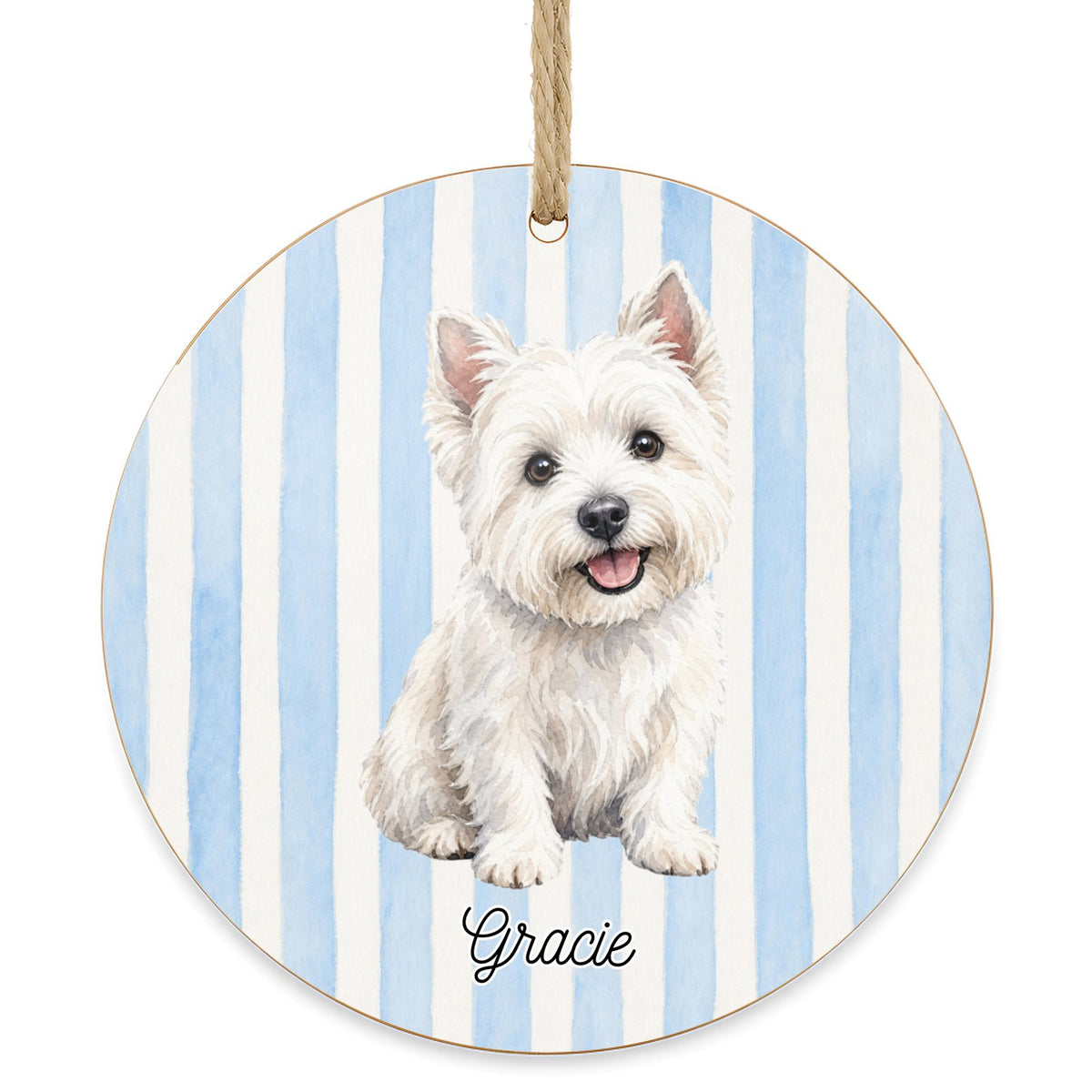 Personalized Westie dog ornament on a white background