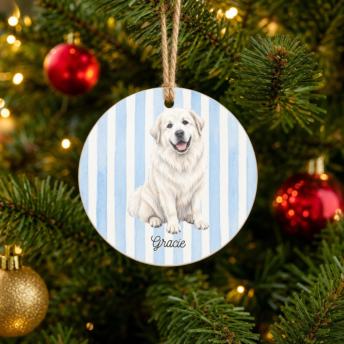 Personalized Great Pyrenees Christmas ornament with custom name hanging on a Christmas tree