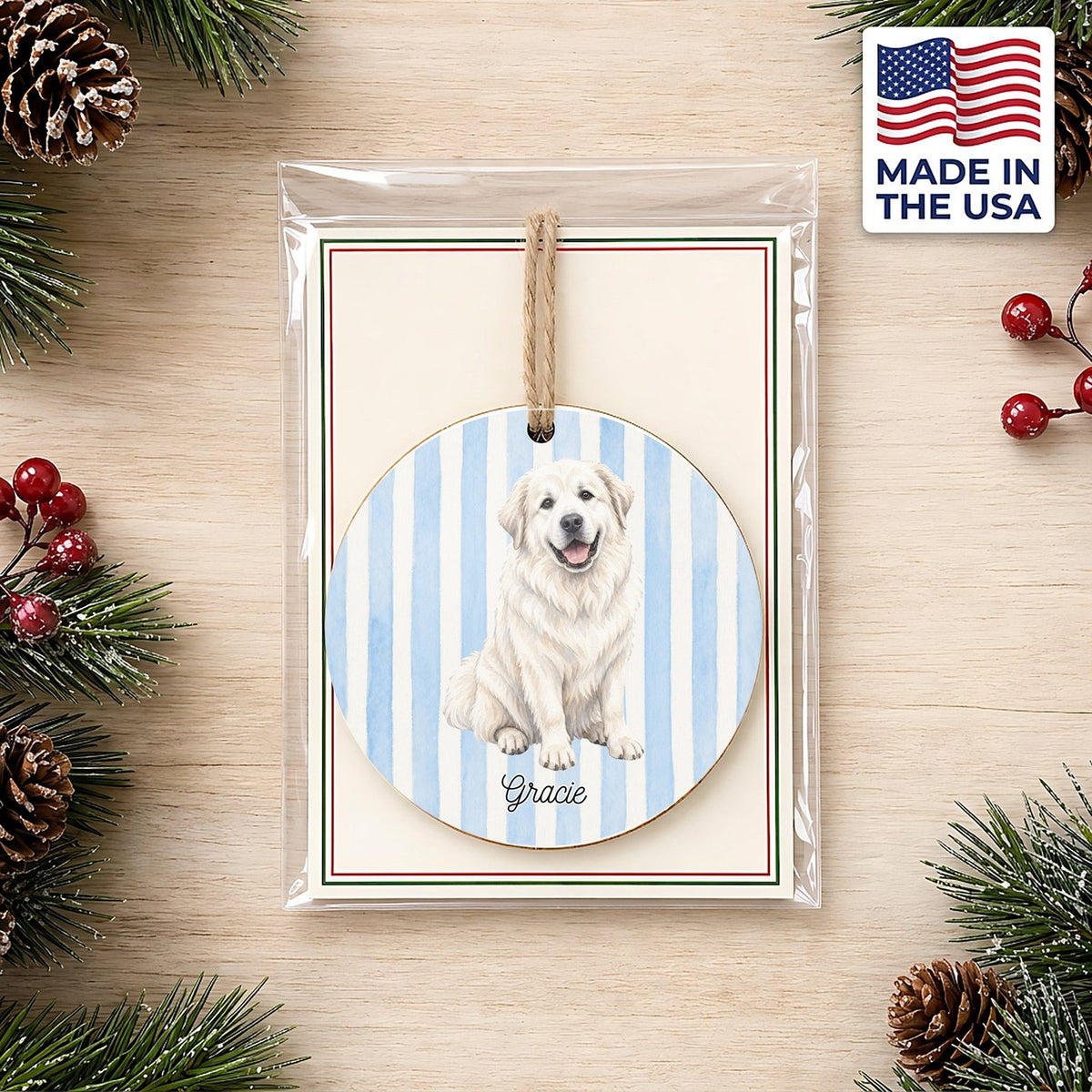 Personalized Great Pyrenees ornament on a holiday backer card, made in the USA
