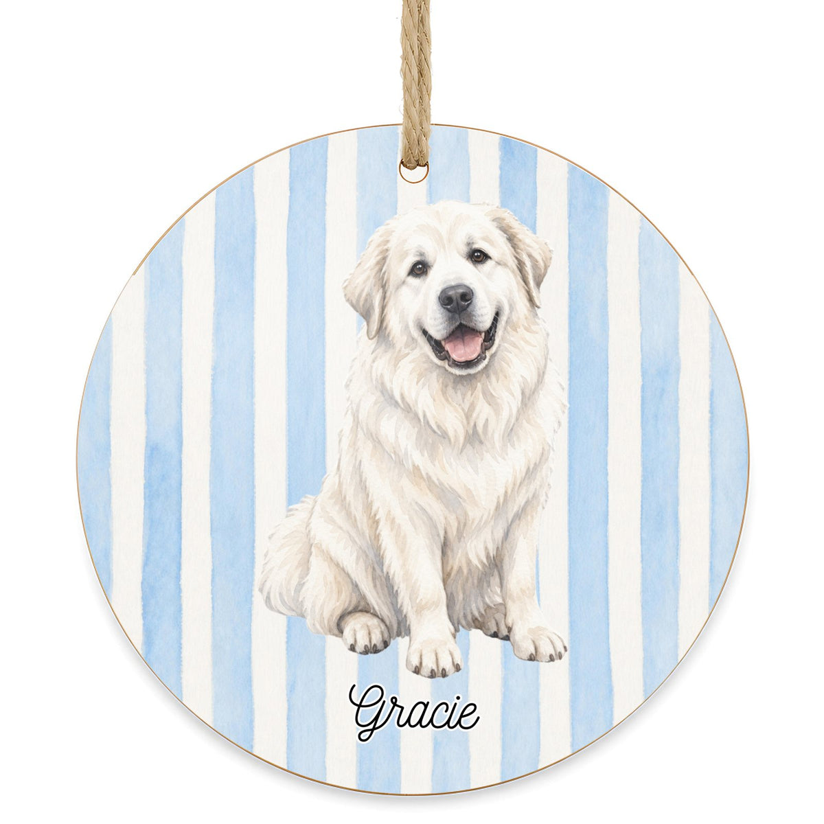 Personalized Great Pyrenees dog ornament on a white background