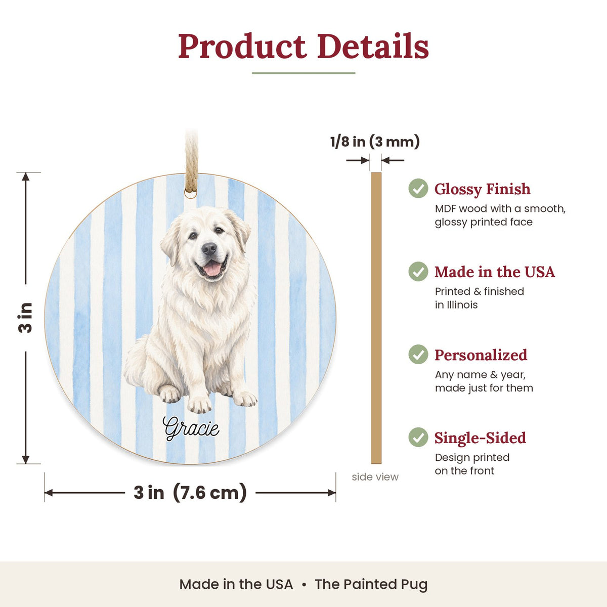 3 inch round MDF wood Great Pyrenees ornament size and features
