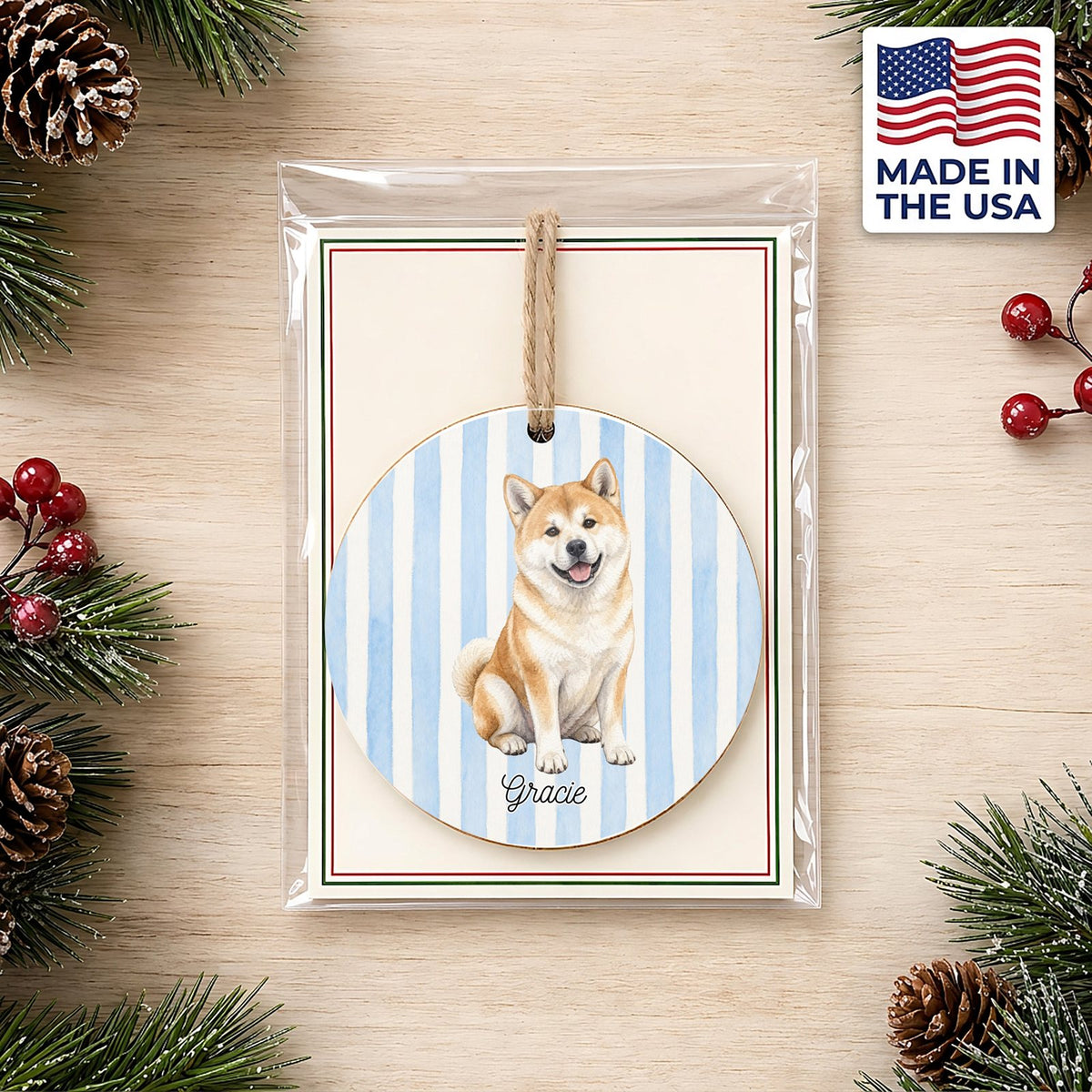 Personalized Akita ornament on a holiday backer card, made in the USA