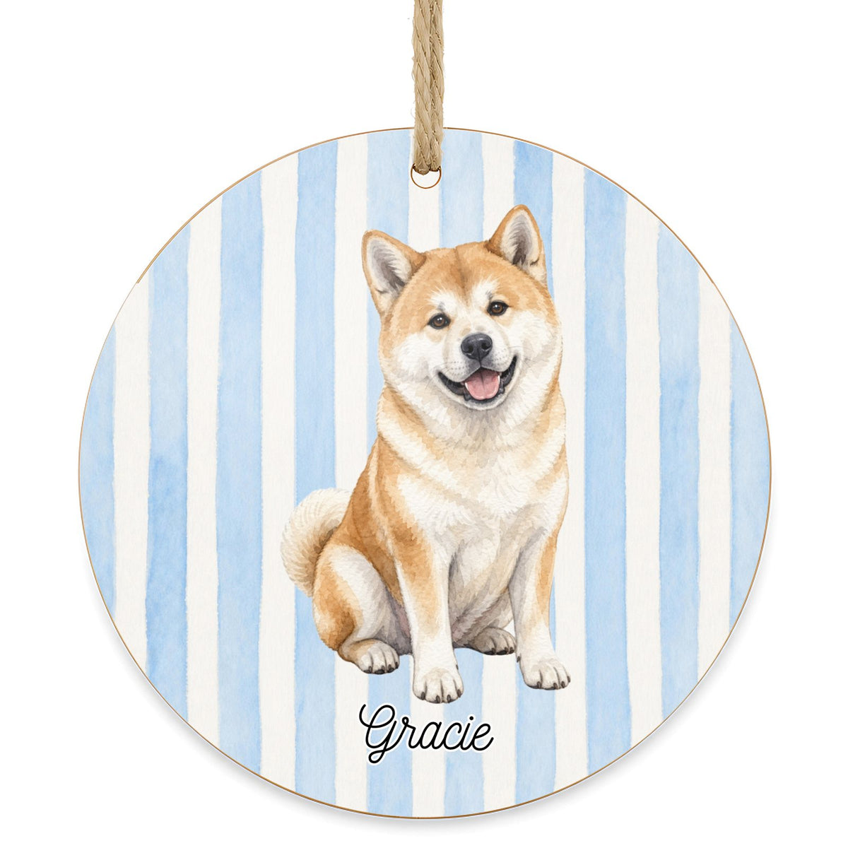 Personalized Akita dog ornament on a white background