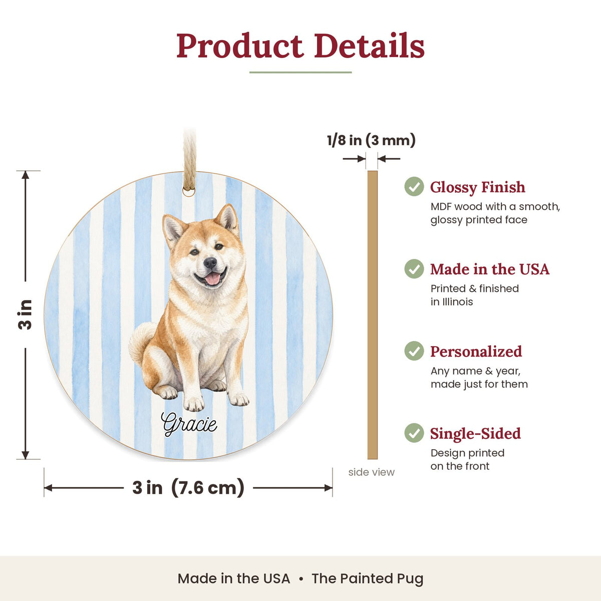 3 inch round MDF wood Akita ornament size and features
