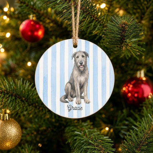 Personalized Irish Wolfhound Christmas ornament with custom name hanging on a Christmas tree