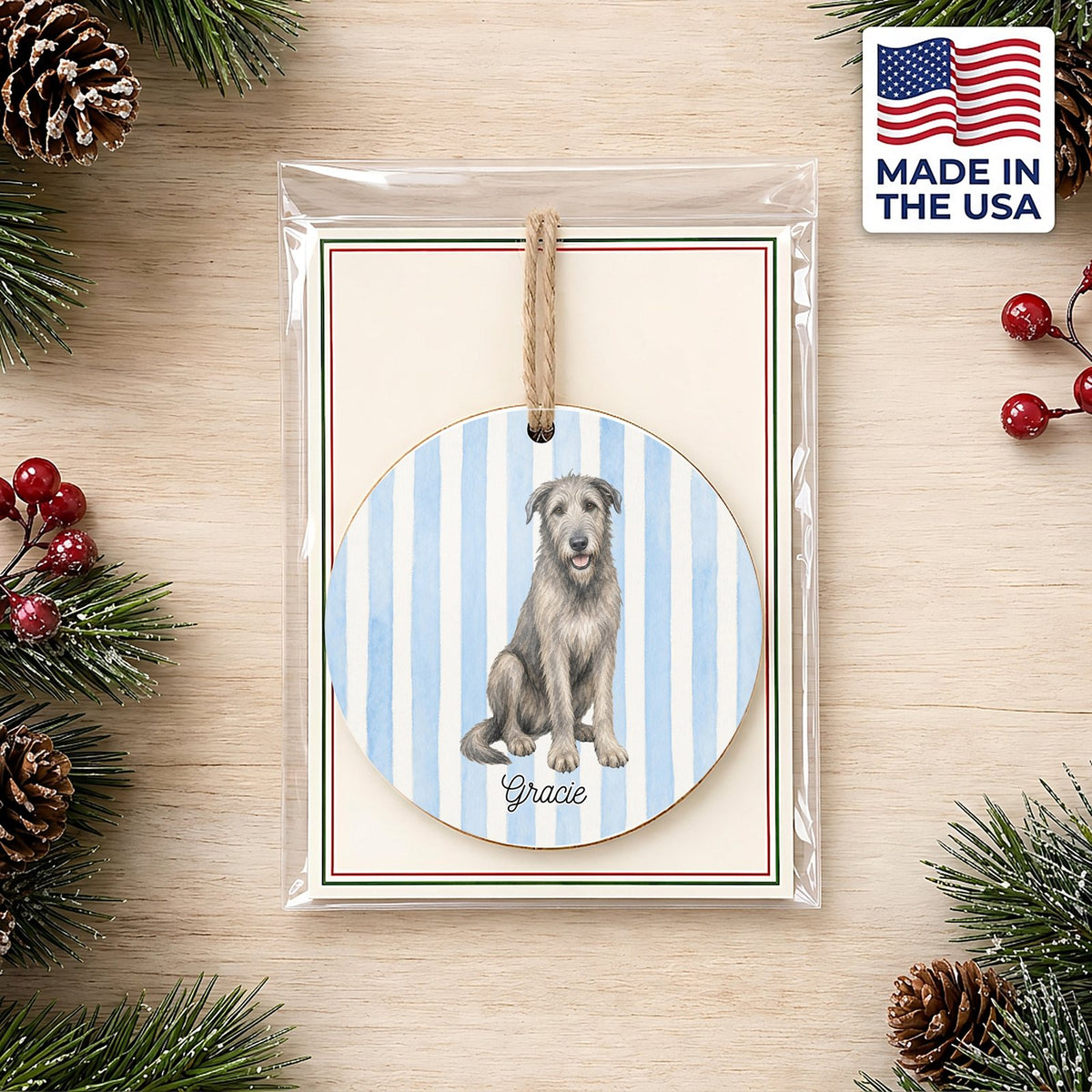 Personalized Irish Wolfhound ornament on a holiday backer card, made in the USA