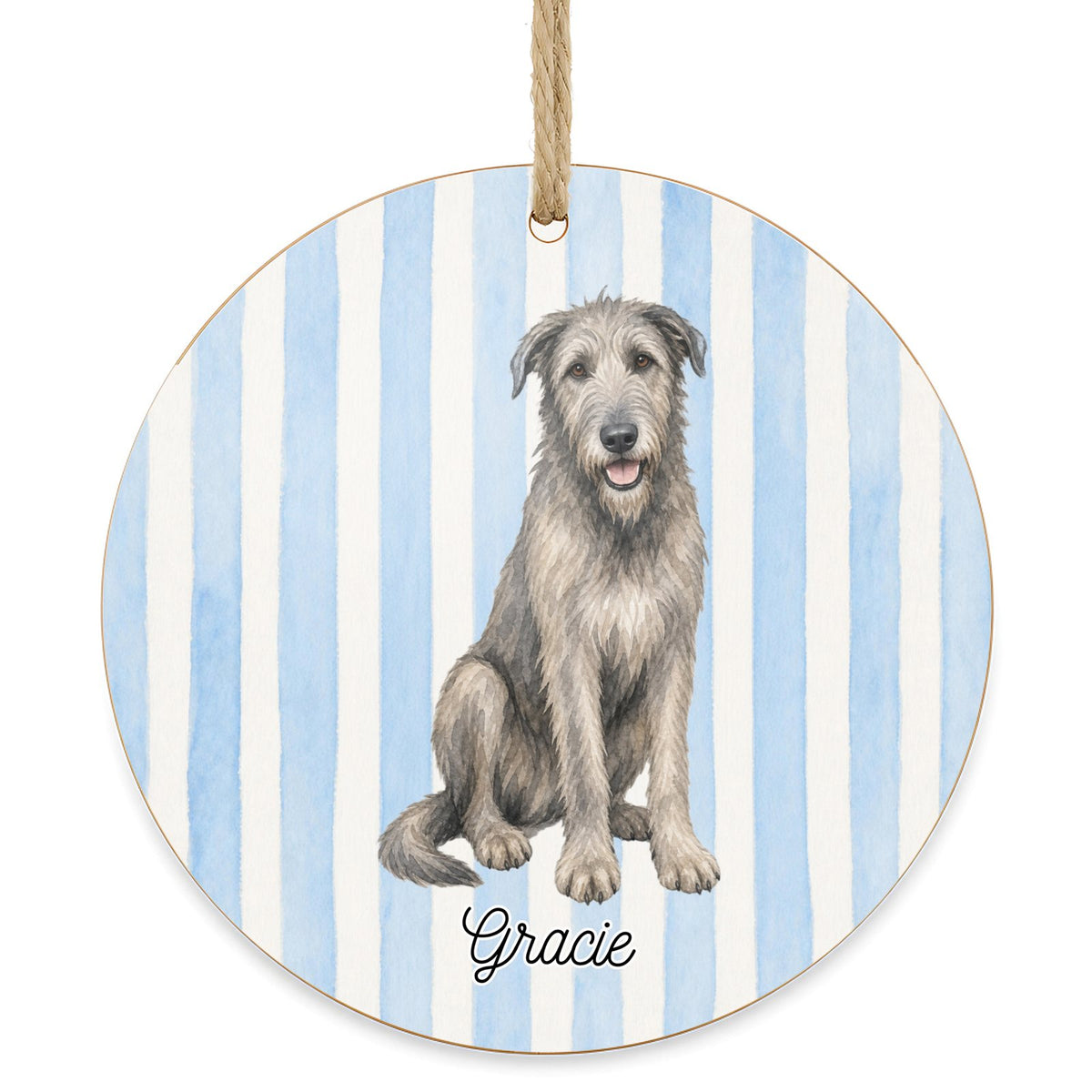 Personalized Irish Wolfhound dog ornament on a white background