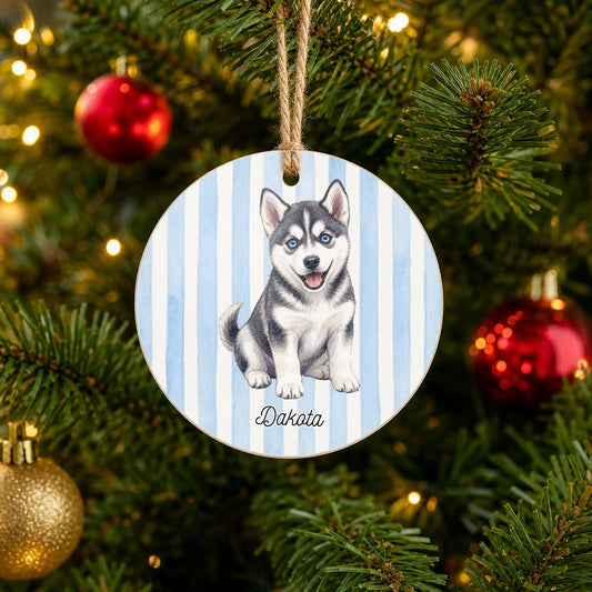 Personalized Husky Christmas ornament with custom name hanging on a Christmas tree