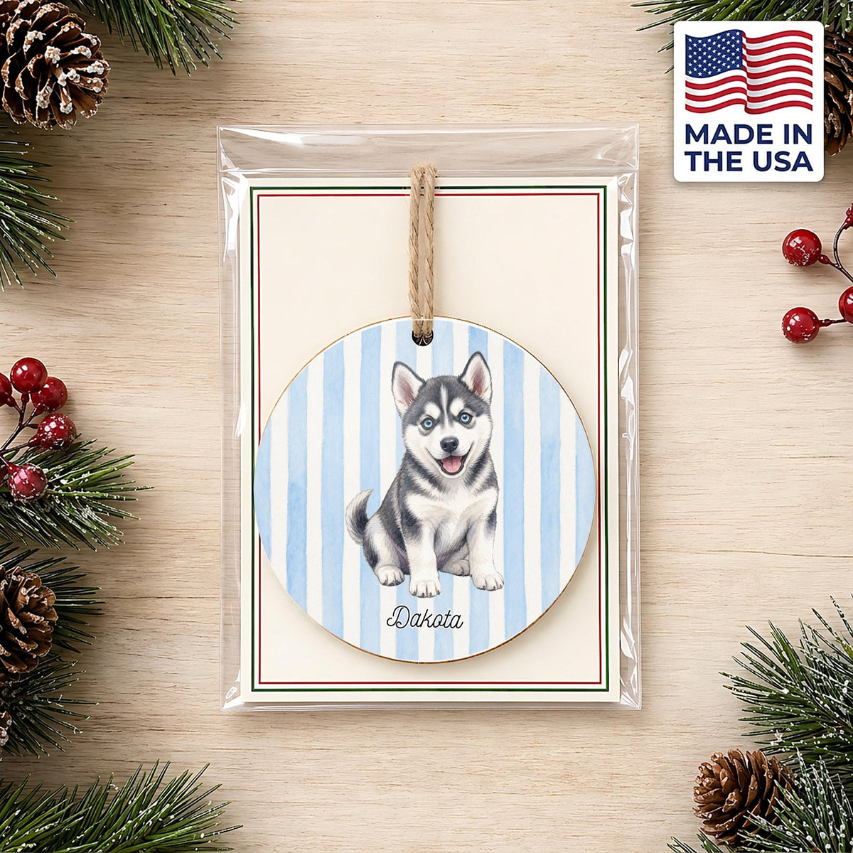 Personalized Husky ornament on a holiday backer card, made in the USA
