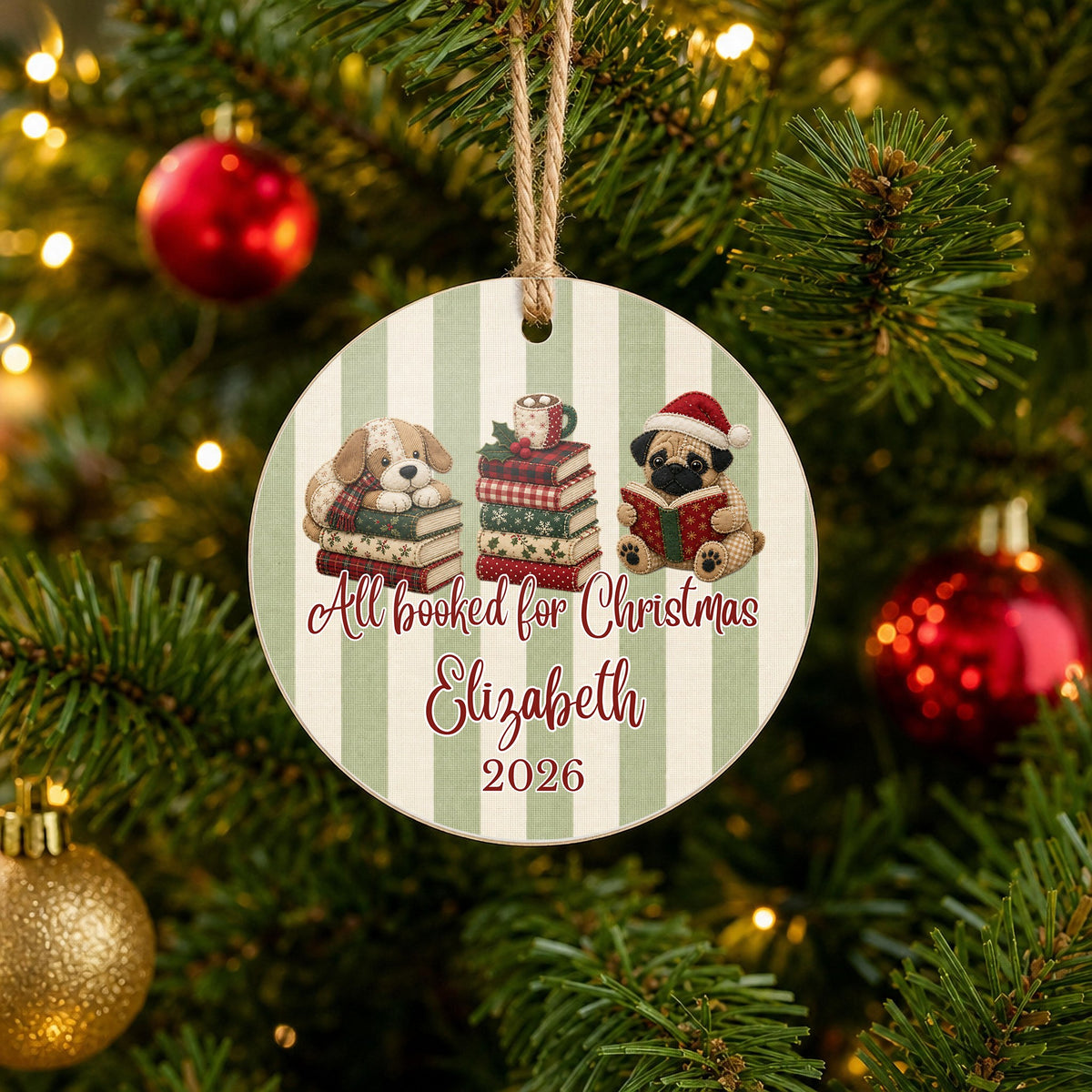 Personalized Book Lover Dog Ornament on Christmas tree