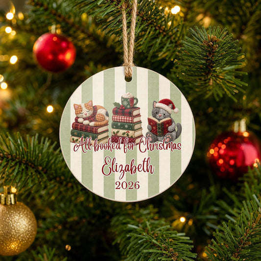 Personalized Book Lover Cat Ornament on Christmas tree