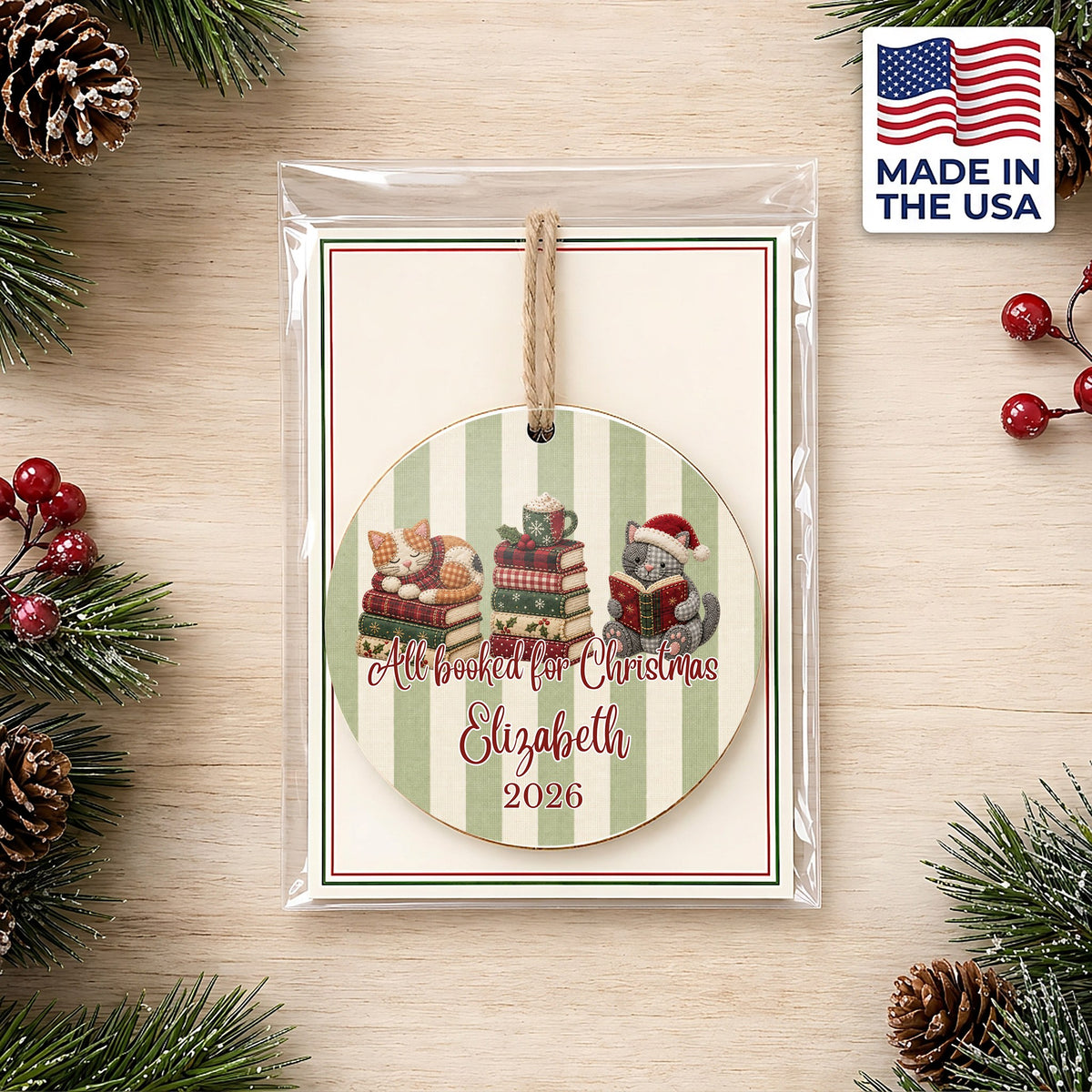 Personalized Book Lover Cat Ornament in gift packaging