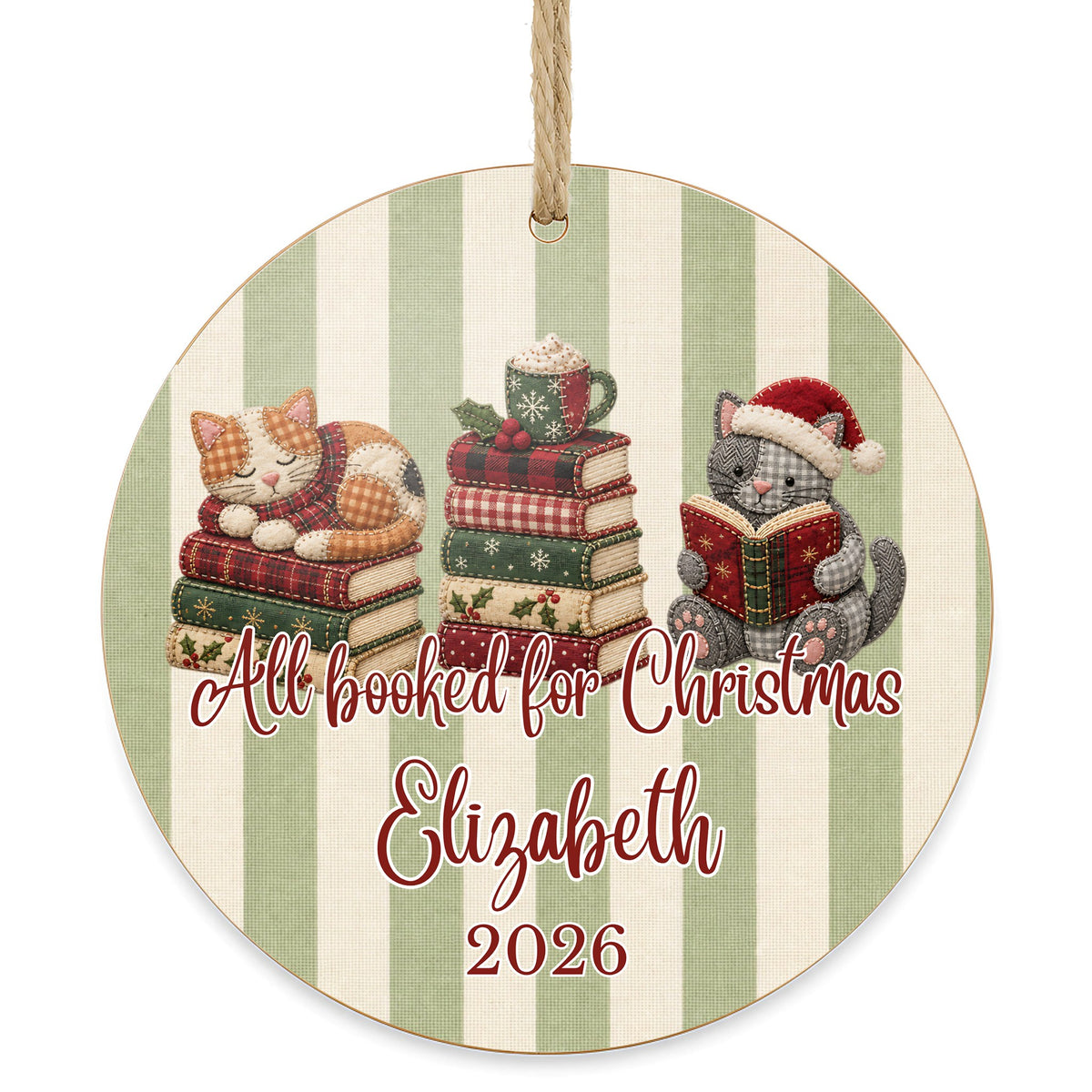 Personalized Book Lover Cat Ornament on white
