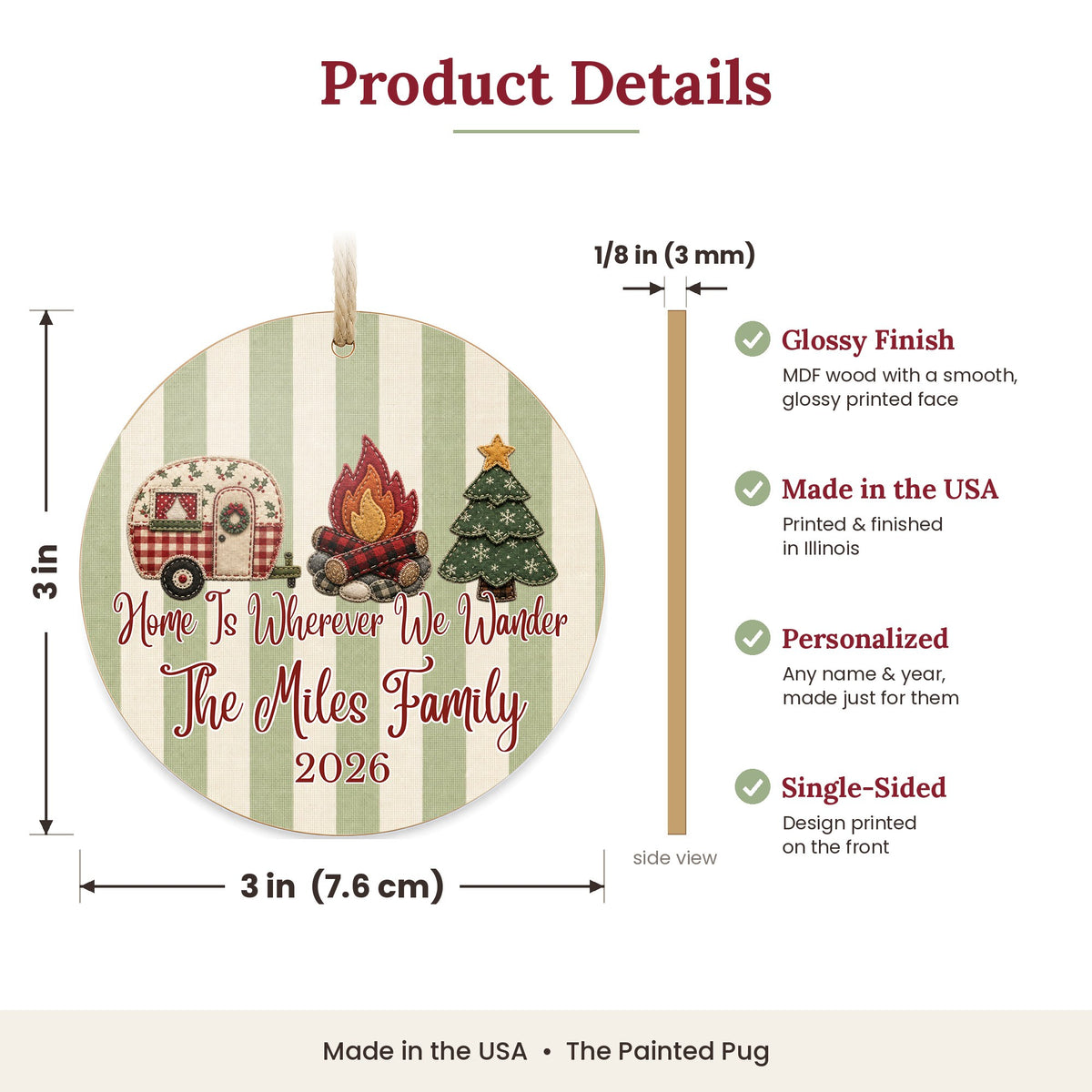 Personalized Camper Ornament size and details